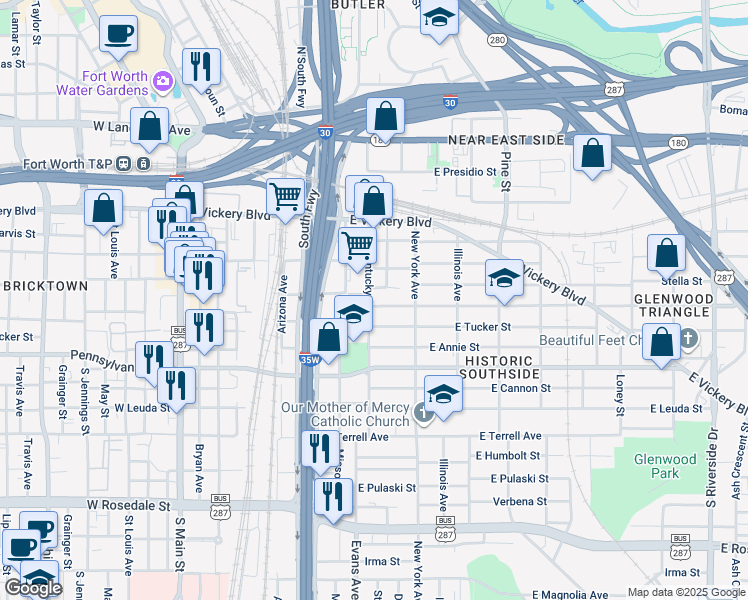 map of restaurants, bars, coffee shops, grocery stores, and more near 917 Bessie Street in Fort Worth