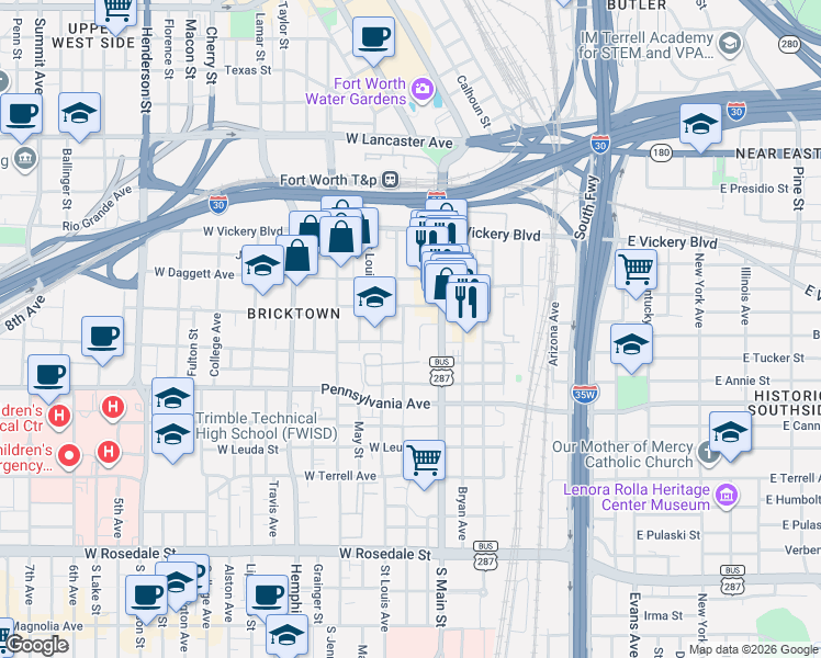 map of restaurants, bars, coffee shops, grocery stores, and more near 420 Galveston Avenue in Fort Worth