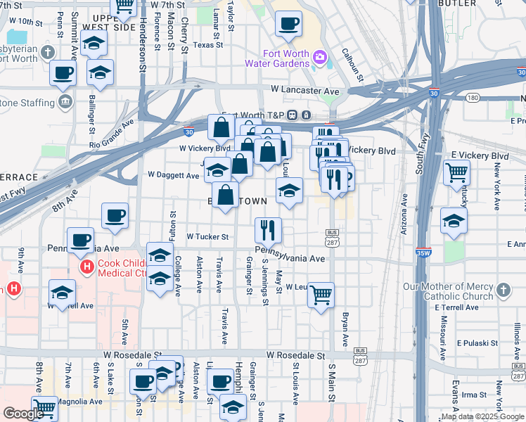 map of restaurants, bars, coffee shops, grocery stores, and more near 400 South Jennings Avenue in Fort Worth