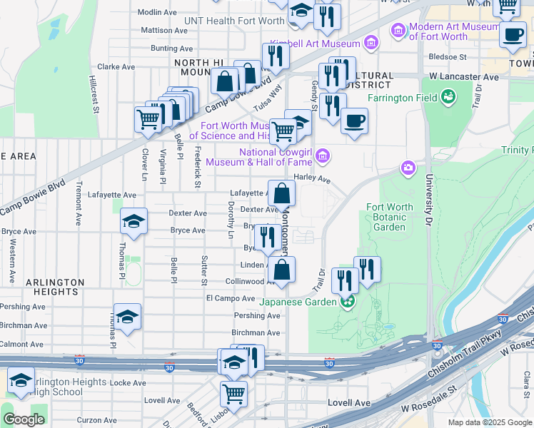 map of restaurants, bars, coffee shops, grocery stores, and more near 3613 Dexter Avenue in Fort Worth