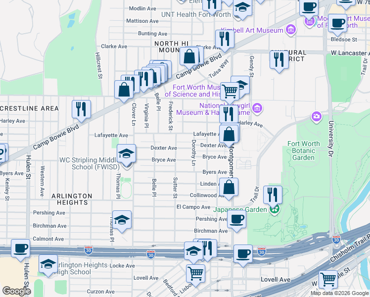 map of restaurants, bars, coffee shops, grocery stores, and more near 3816 Dexter Avenue in Fort Worth