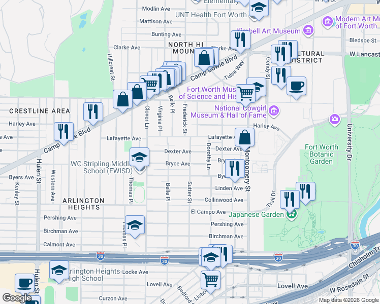 map of restaurants, bars, coffee shops, grocery stores, and more near 3910 Dexter Avenue in Fort Worth