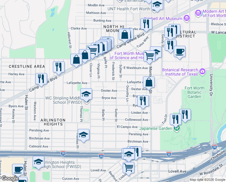 map of restaurants, bars, coffee shops, grocery stores, and more near 3910 Dexter Avenue in Fort Worth