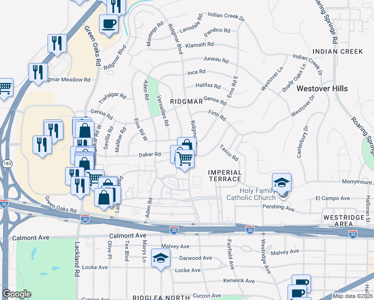 map of restaurants, bars, coffee shops, grocery stores, and more near 6400 Dakar Road in Fort Worth