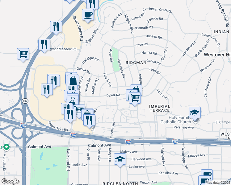 map of restaurants, bars, coffee shops, grocery stores, and more near 6500 Dakar Road in Fort Worth