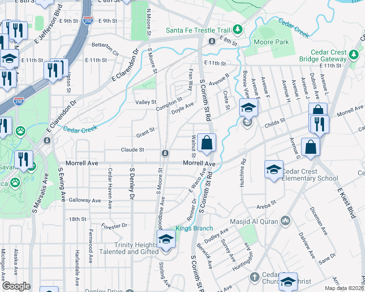 map of restaurants, bars, coffee shops, grocery stores, and more near 1427 Claude Street in Dallas