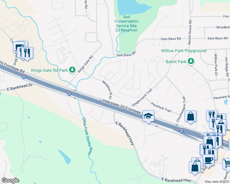 map of restaurants, bars, coffee shops, grocery stores, and more near 131 Overland Trail in Willow Park