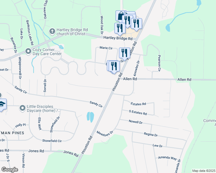 map of restaurants, bars, coffee shops, grocery stores, and more near 3025 Whiteside Road in Macon