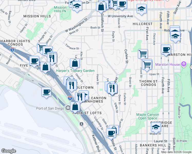 map of restaurants, bars, coffee shops, grocery stores, and more near 3354 Hawk Street in San Diego
