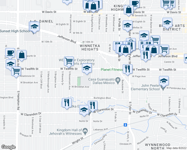 map of restaurants, bars, coffee shops, grocery stores, and more near 501 South Edgefield Avenue in Dallas
