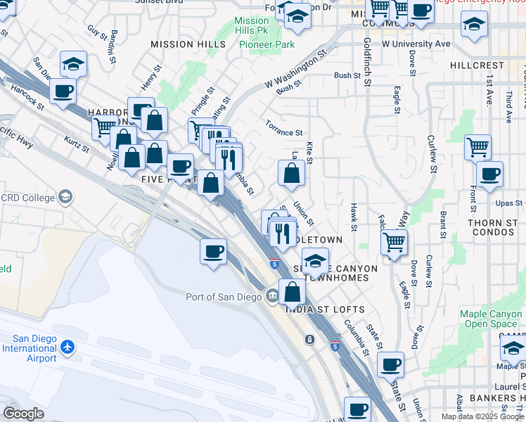 map of restaurants, bars, coffee shops, grocery stores, and more near 3585 India Street in San Diego