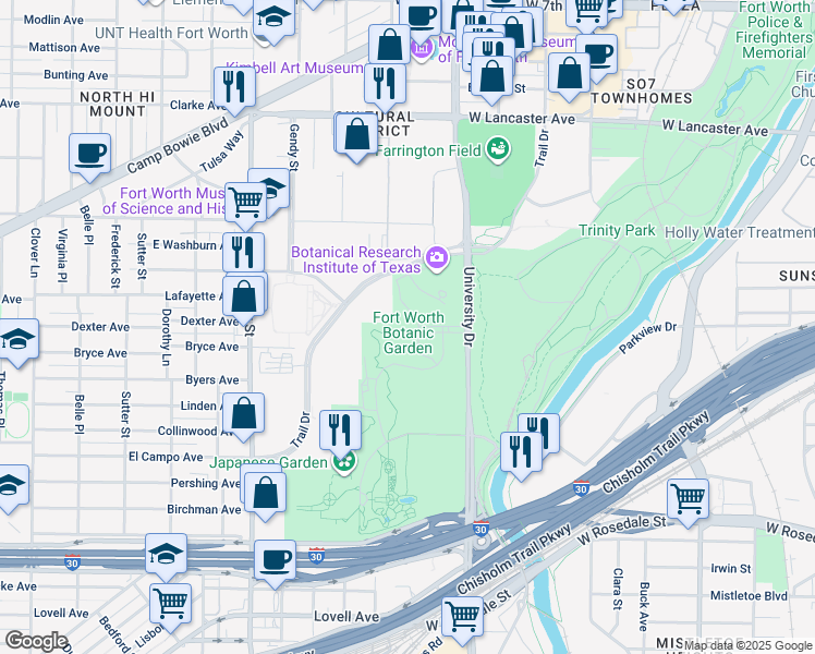 map of restaurants, bars, coffee shops, grocery stores, and more near 3220 Botanic Garden Boulevard in Fort Worth