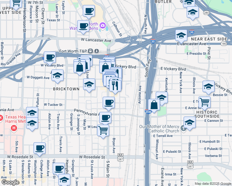 map of restaurants, bars, coffee shops, grocery stores, and more near 400 Crawford Street in Fort Worth