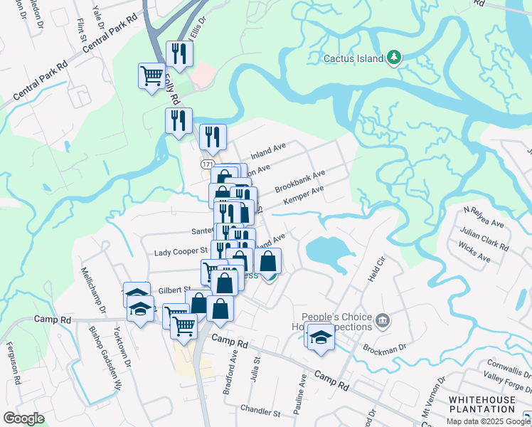 map of restaurants, bars, coffee shops, grocery stores, and more near 1557 Kemper Avenue in Charleston