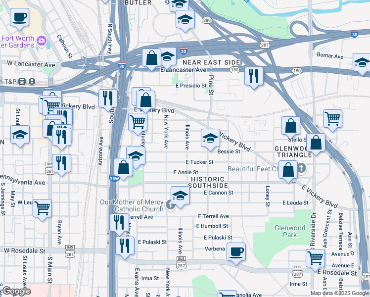 map of restaurants, bars, coffee shops, grocery stores, and more near 1041 Bessie Street in Fort Worth