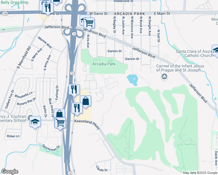 map of restaurants, bars, coffee shops, grocery stores, and more near 5307 Handicap Circle in Dallas
