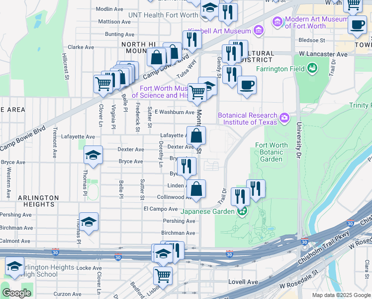 map of restaurants, bars, coffee shops, grocery stores, and more near 3613 Dexter Avenue in Fort Worth