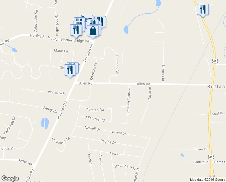 map of restaurants, bars, coffee shops, grocery stores, and more near 2754 Allen Road in Macon