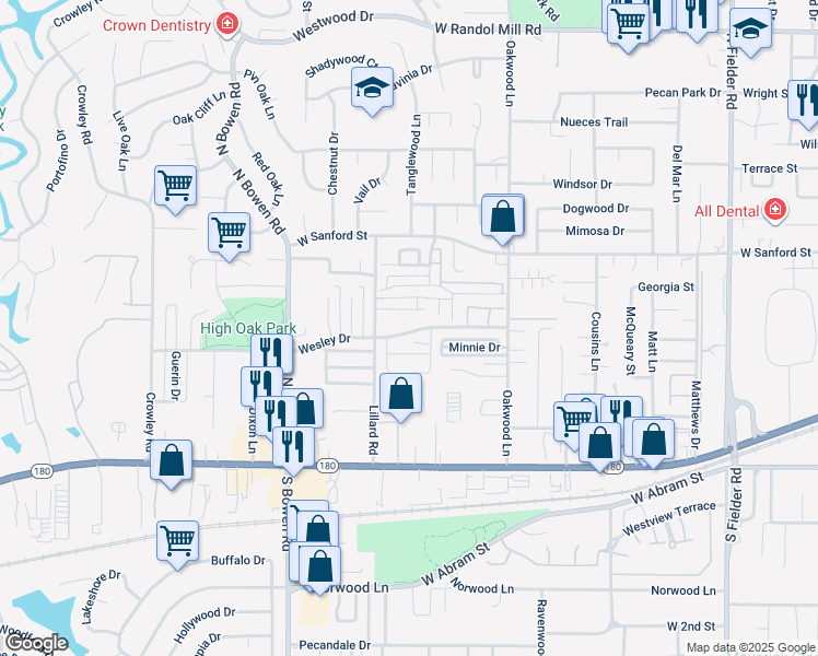 map of restaurants, bars, coffee shops, grocery stores, and more near 2119 Wesley Drive in Arlington