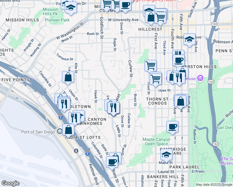 map of restaurants, bars, coffee shops, grocery stores, and more near 3350 Reynard Way in San Diego