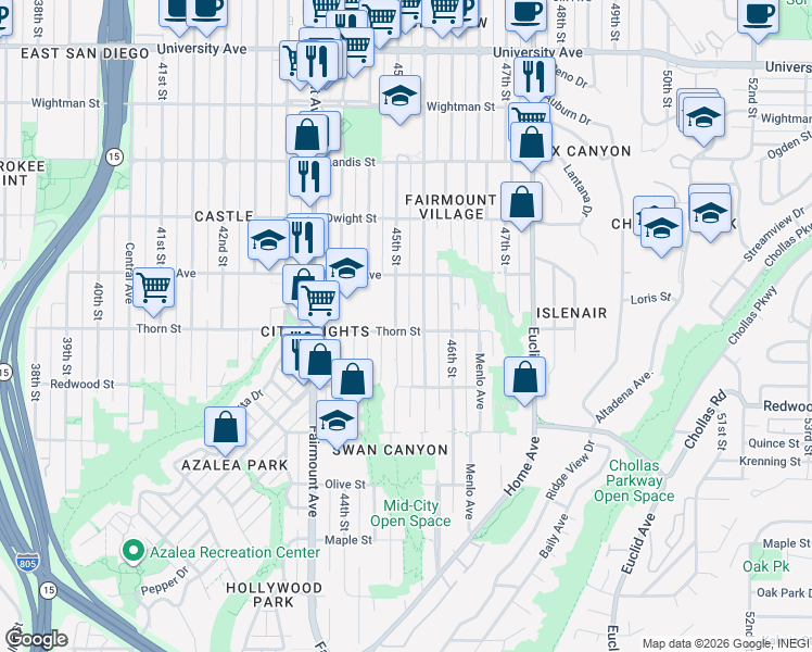 map of restaurants, bars, coffee shops, grocery stores, and more near 3303 45th Street in San Diego