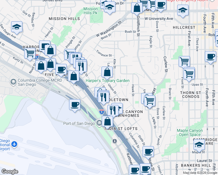 map of restaurants, bars, coffee shops, grocery stores, and more near 1356 West Upas Street in San Diego
