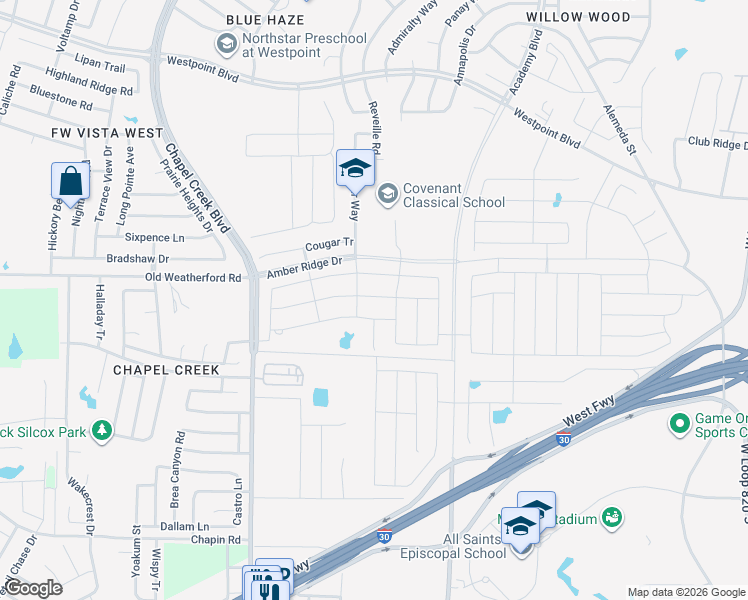 map of restaurants, bars, coffee shops, grocery stores, and more near 9921 Huntersville Trl in Fort Worth