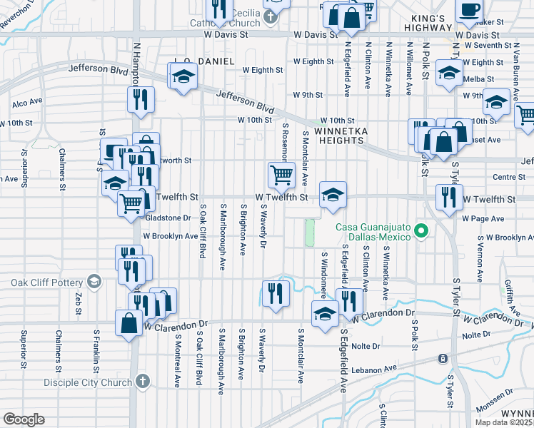 map of restaurants, bars, coffee shops, grocery stores, and more near 522 South Waverly Drive in Dallas
