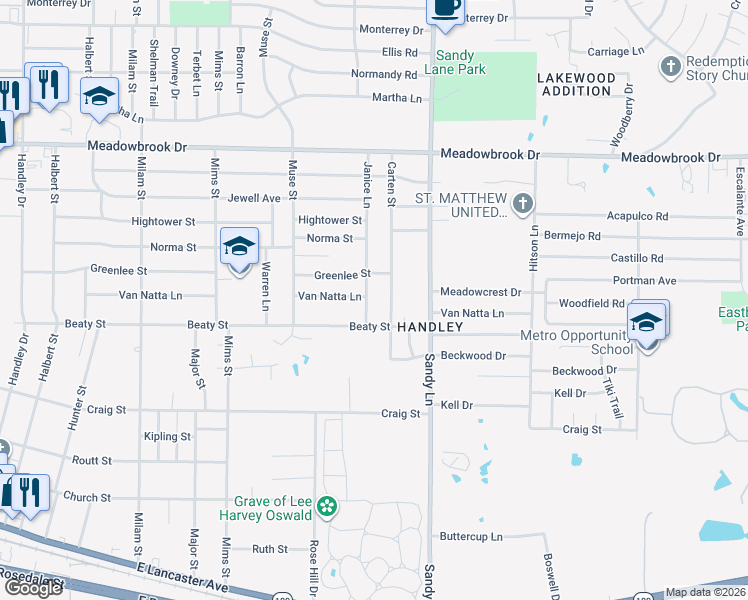 map of restaurants, bars, coffee shops, grocery stores, and more near 2717 Janice Lane in Fort Worth