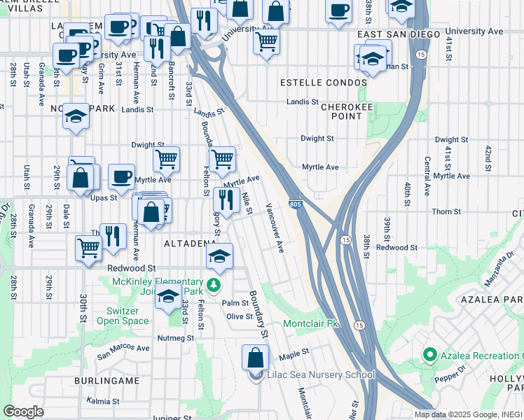map of restaurants, bars, coffee shops, grocery stores, and more near 3476 Thorn Street in San Diego