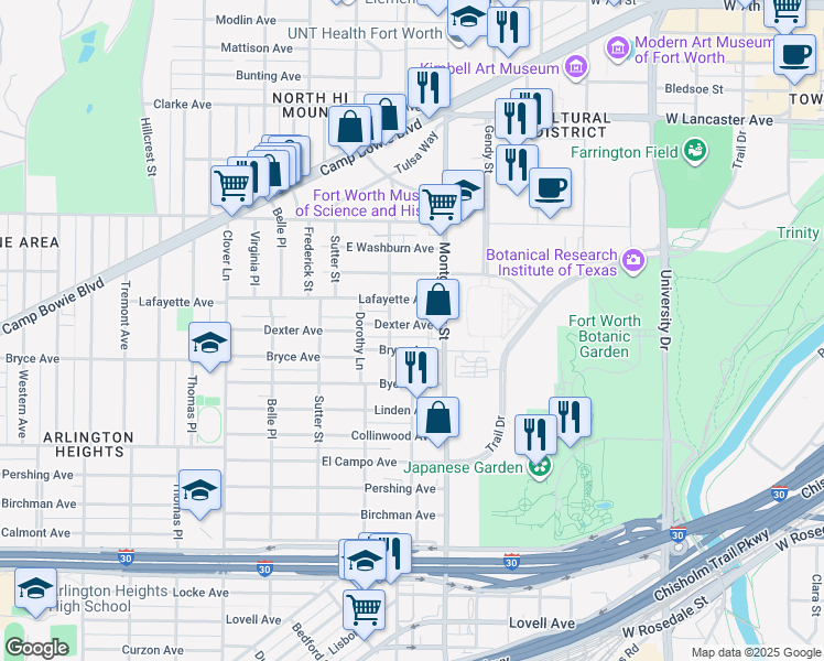 map of restaurants, bars, coffee shops, grocery stores, and more near 3613 Dexter Avenue in Fort Worth