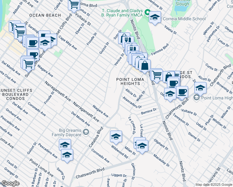 map of restaurants, bars, coffee shops, grocery stores, and more near 1965 Mendocino Boulevard in San Diego