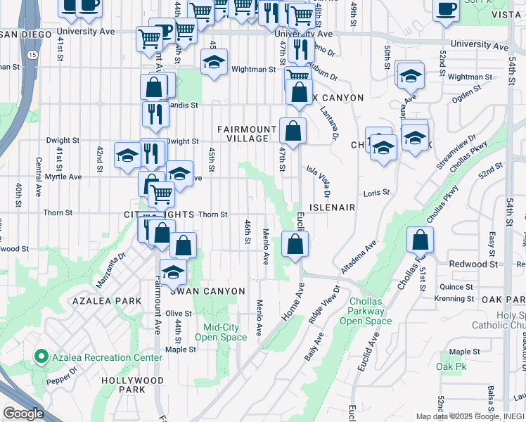 map of restaurants, bars, coffee shops, grocery stores, and more near 4634 Thorn Street in San Diego