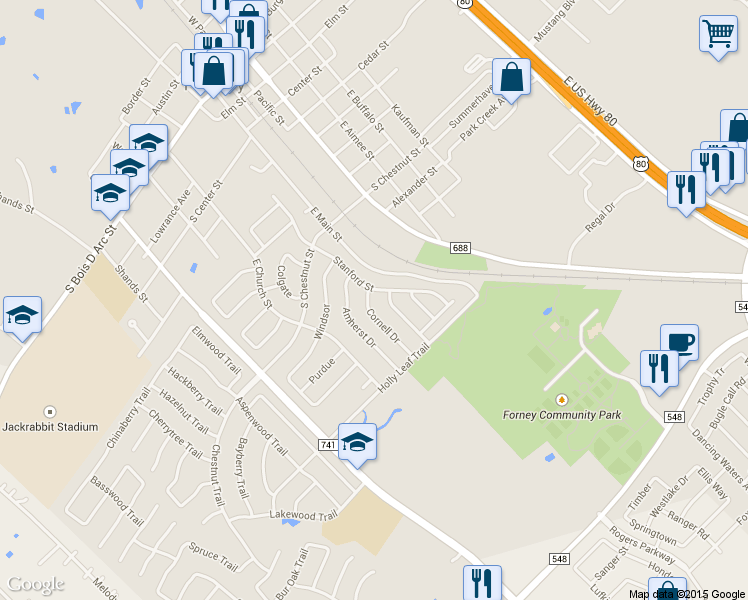 map of restaurants, bars, coffee shops, grocery stores, and more near 203 Cornell Dr in Forney