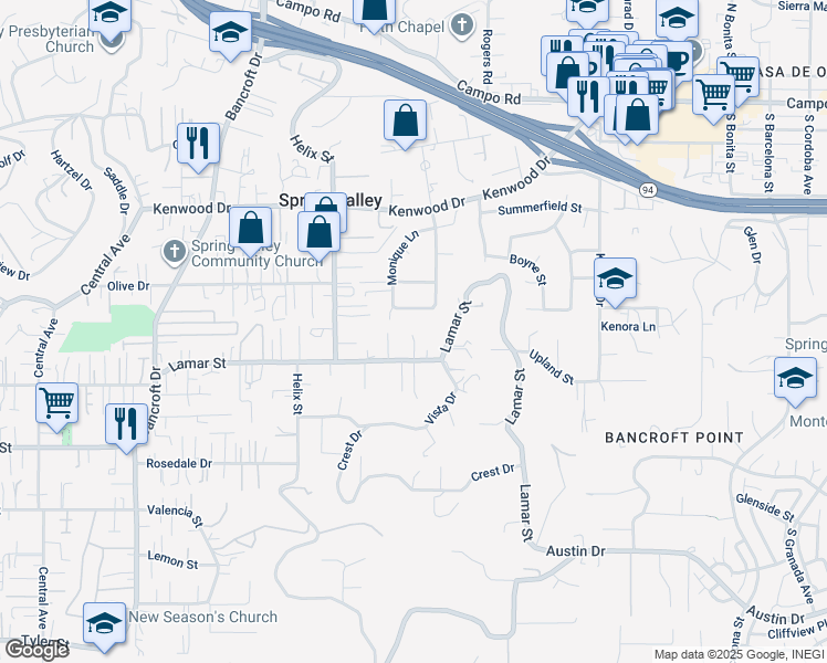 map of restaurants, bars, coffee shops, grocery stores, and more near 9356 Lamar Street in Spring Valley
