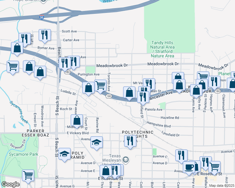 map of restaurants, bars, coffee shops, grocery stores, and more near 3025 East Lancaster Avenue in Fort Worth