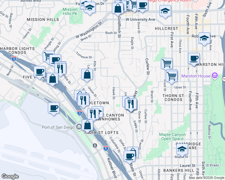 map of restaurants, bars, coffee shops, grocery stores, and more near 3354 Hawk Street in San Diego