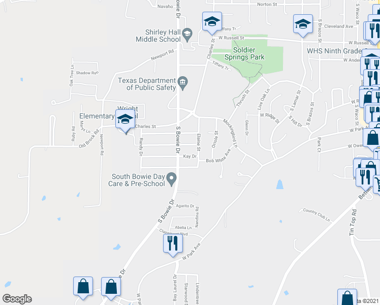 map of restaurants, bars, coffee shops, grocery stores, and more near 1106 Kay Drive in Weatherford