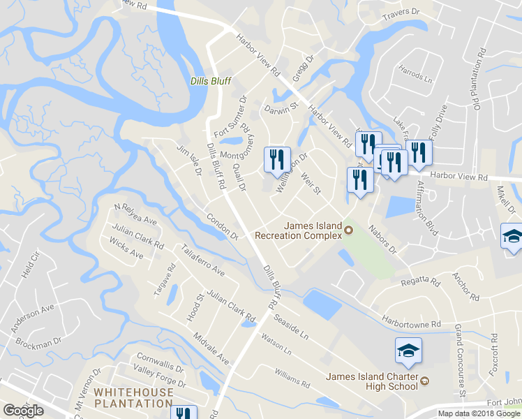 map of restaurants, bars, coffee shops, grocery stores, and more near 848 Quail Drive in Charleston
