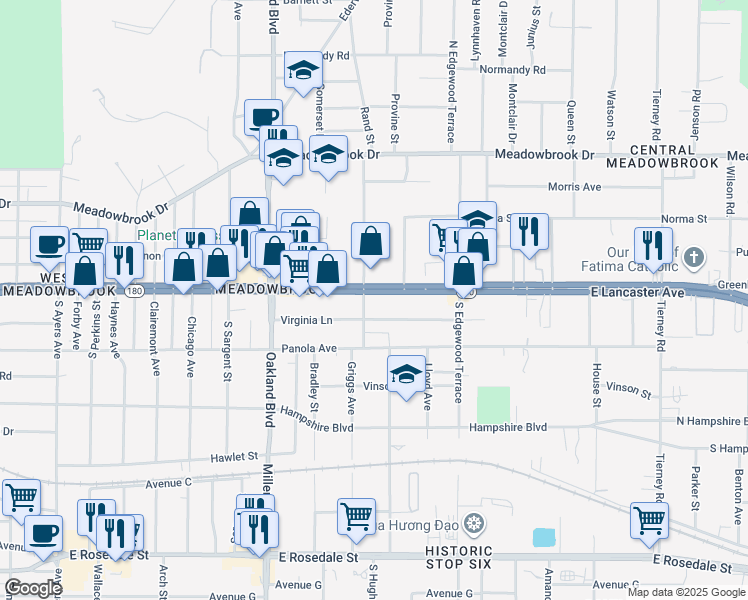 map of restaurants, bars, coffee shops, grocery stores, and more near 4420 East Lancaster Avenue in Fort Worth