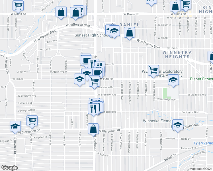 map of restaurants, bars, coffee shops, grocery stores, and more near 522 Hollywood Avenue in Dallas