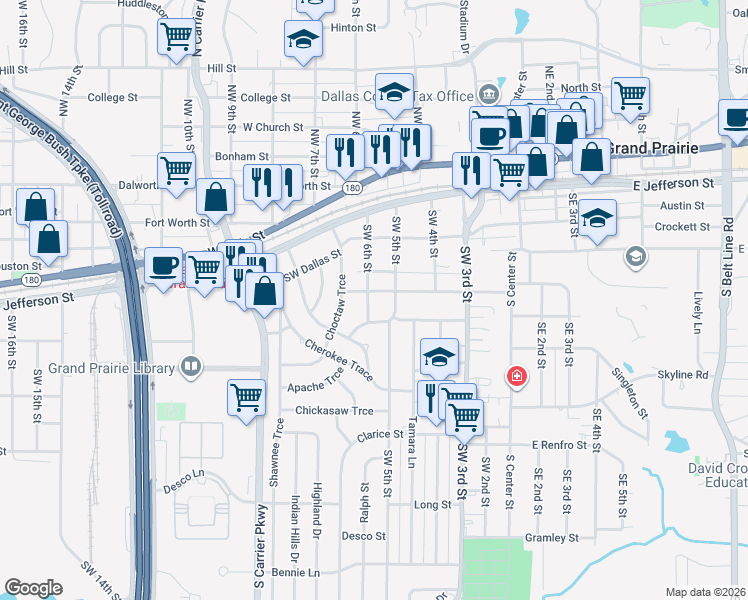 map of restaurants, bars, coffee shops, grocery stores, and more near 513 Motley Street in Grand Prairie