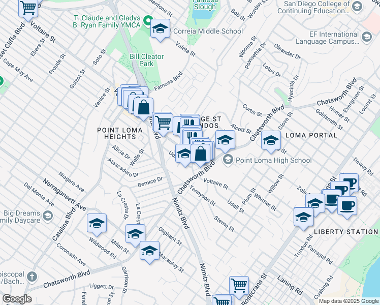 map of restaurants, bars, coffee shops, grocery stores, and more near 3710 Caminito Litoral in San Diego