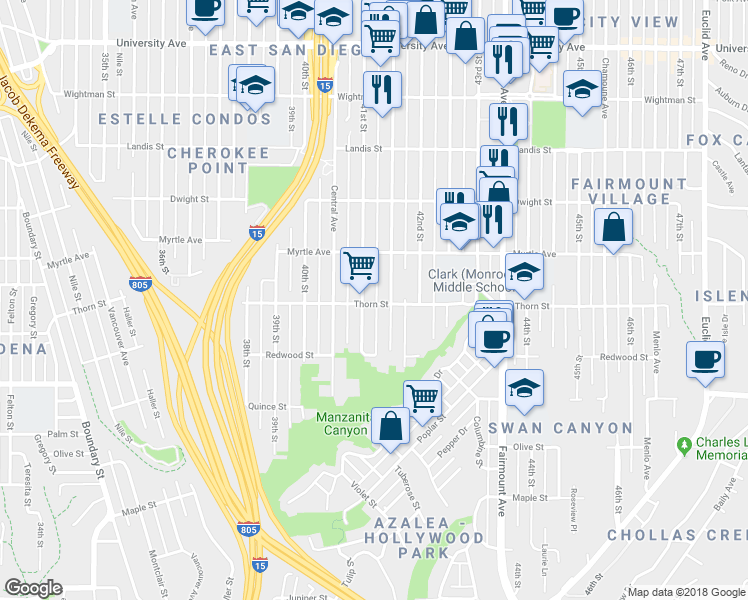 map of restaurants, bars, coffee shops, grocery stores, and more near 4124 Thorn Street in San Diego