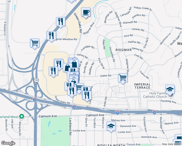 map of restaurants, bars, coffee shops, grocery stores, and more near 1905 Malibar Road in Fort Worth
