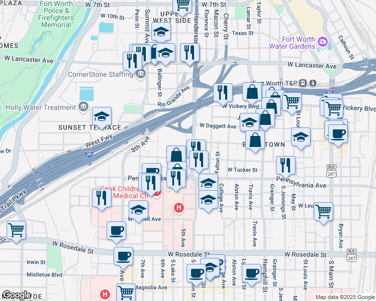 map of restaurants, bars, coffee shops, grocery stores, and more near 412 South Henderson Street in Fort Worth