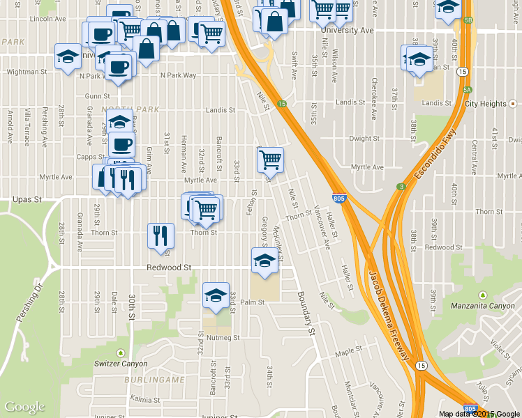 map of restaurants, bars, coffee shops, grocery stores, and more near 3364 Gregory Street in San Diego