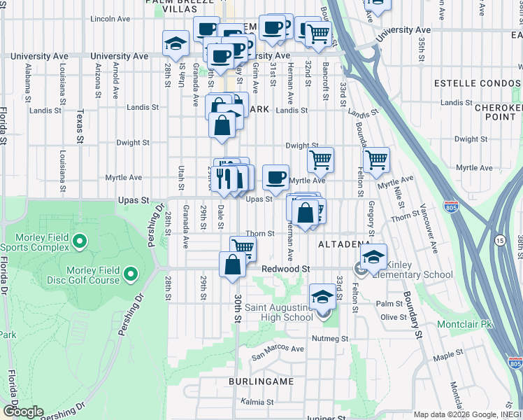 map of restaurants, bars, coffee shops, grocery stores, and more near 3365 Grim Avenue in San Diego