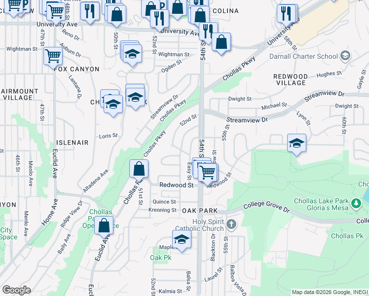 map of restaurants, bars, coffee shops, grocery stores, and more near 3243 53rd Street in San Diego
