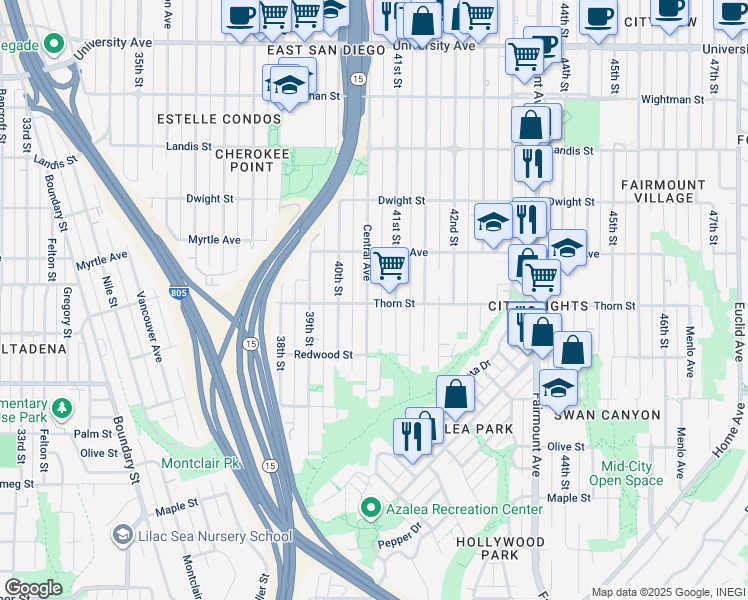 map of restaurants, bars, coffee shops, grocery stores, and more near 3303 Central Avenue in San Diego